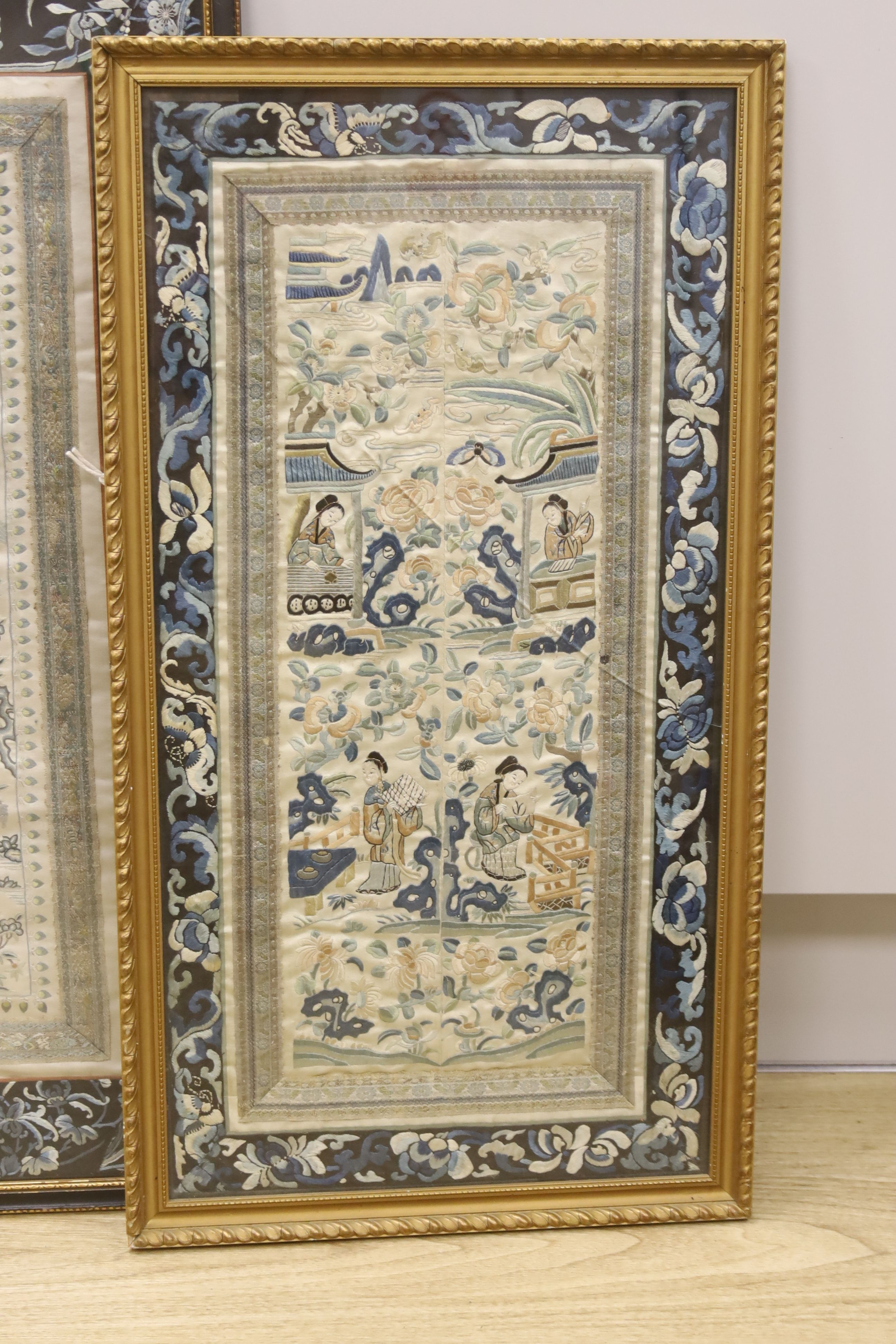 Two framed Chinese late Qing embroidered silk panels 71 x 39cm & 62 x 32cm